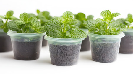 Soilless mint growing in reusable net pots, with trickle irrigation tubing and white background for copy spaceの素材