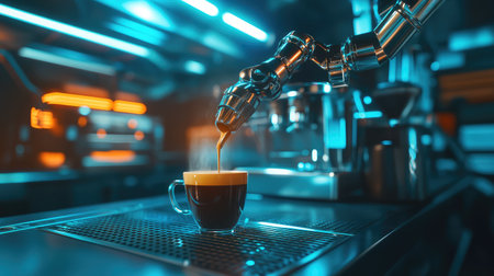 AI-powered robotic arm pouring coffee in a futuristic smart caf, digital transformation in food automation concept with copy space.の素材