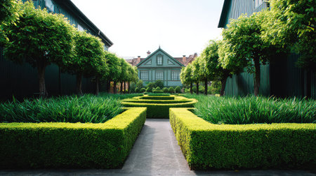 Courtyard with symmetrical layout of hedges and garden beds, formal landscape design with clean copy spaceの素材