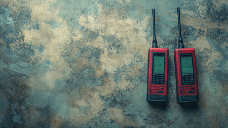 Two-way walkie talkies on concrete surface with space between, rugged communication device concept with clear copy spaceの素材