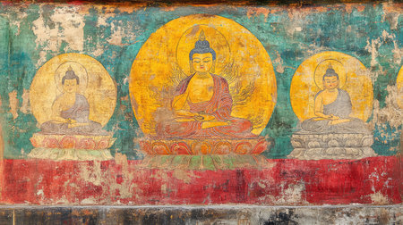 Wall painting of Buddhist scenes and symbols in vibrant colors, aged texture with clear background spaceの素材