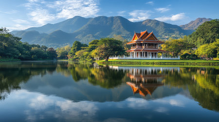 Scenic view of lakeside temple with mountain reflections, spiritual tranquility and open spaceの素材