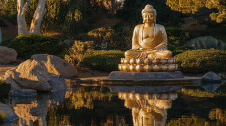 A golden Buddha statue reflected in a calm pond, set in a peaceful garden with soft morning light and ample space for text or brandingの素材