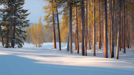 A breathtaking winter scene featuring a blanket of snow covering the ground, surrounded by tall trees illuminated by gentle sunlight, offering a calming escape into nature's beauty.の素材