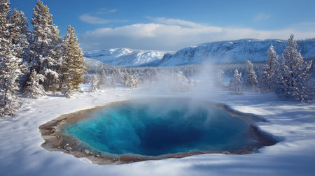 A stunning view of a geothermal hot spring surrounded by snow-covered trees, showcasing the vibrant blue water and steam in a serene winter landscape at Yellowstone.の素材
