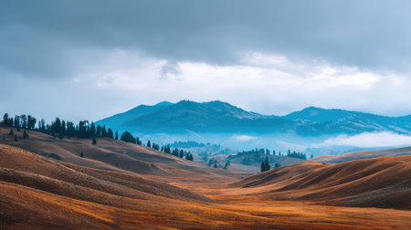 This stunning landscape image showcases rolling hills and misty mountains under an overcast sky, embodying the peaceful essence of nature during autumn.の素材