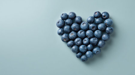 Flat lay of blueberry arrangement forming a heart shape on a pale backdrop with spaceの素材