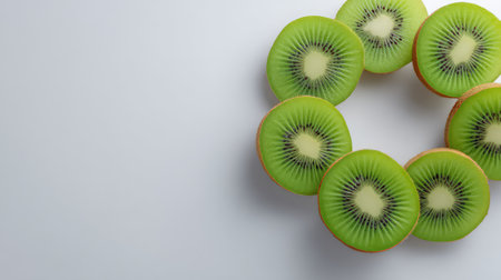 Flat lay of a minimalist fruit scene with kiwi slices and blank background perfect for overlayの素材