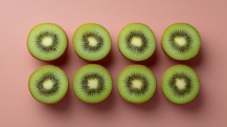 Composition of kiwi rings in a perfect grid from top view on a soft colored surface with blank areaの素材