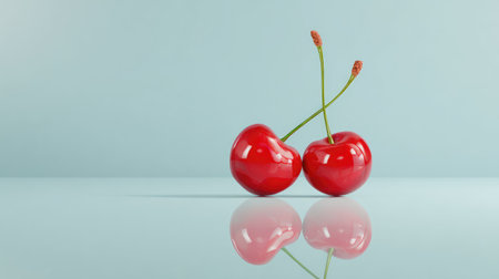 Minimalist top view of cherries with reflections on smooth surface and empty spaceの素材