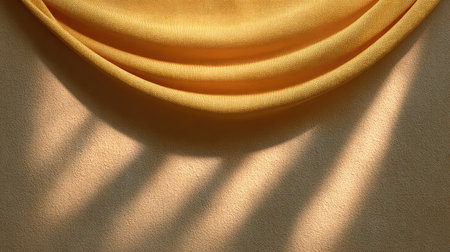 Yellow fabric backdrop with gentle folds and shadows from above, flat lay with copy space for product displayの素材