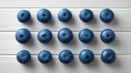 Fresh blueberries arranged symmetrically on a clean board, flat lay with central copy spaceの素材
