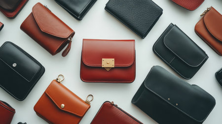 A collection of different handbags, including crossbody and clutch styles, arranged on a clean surface with space for promotional text.の素材