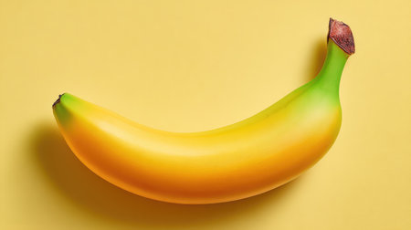 Ripe banana resting on a pastel yellow background, overhead composition with copy spaceの素材