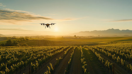 A drone conducting a flight over a vineyard to monitor grapevine conditions, capturing data for precision agriculture, room for copyの素材