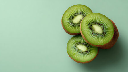 Flat lay of kiwis cut in half on a light pastel background with clean copy space on one sideの素材