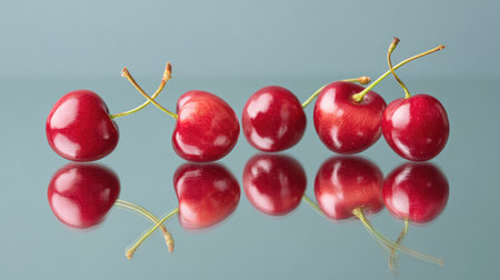 Minimalist top view of cherries with reflections on smooth surface and empty spaceの素材