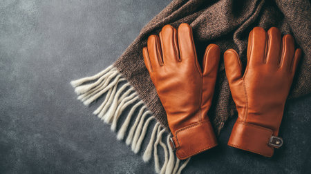 A pair of stylish leather gloves and a cashmere scarf placed neatly on a flat surface, offering space for branding or logos.の素材