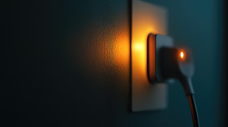 A close-up of a smart plug adapter plugged into a socket, with a glowing indicator light and room for text.の素材