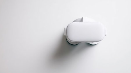 A minimalist shot of a virtual reality headset on a clean white background with enough space around it for branding.の素材
