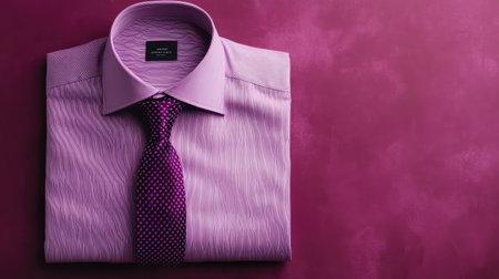 A folded button-down shirt with a silk tie, neatly placed on a soft surface with room for branding or promotional text.の素材