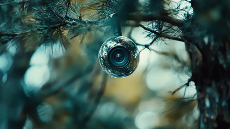 A close-up of a security camera with a soft-focused background, offering space for text or branding in the foreground.の素材