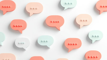 Floating chat bubbles on white minimalist background with faint shadows and generous copy space for app promo layoutの素材