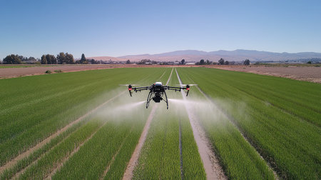 A drone flying over a rice field, spraying water to keep the crops healthy, showcasing the benefits of drone technology in farming, clear sky for textの素材