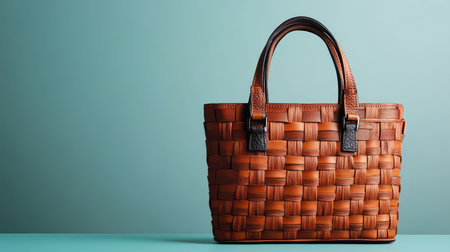 A trendy handbag with a woven texture, neatly placed on a neutral-colored surface, offering space for promotional material.の素材