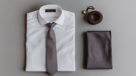 A neatly folded dress shirt and trousers, with a stylish tie, arranged on a smooth surface with room for promotional content.の素材