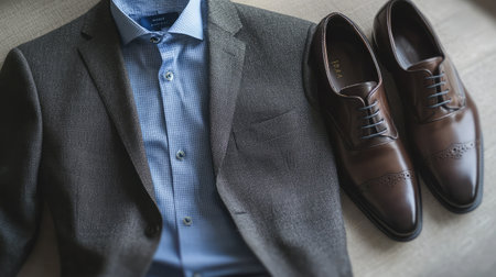 A stylish blazer, dress shirt, and shoes placed neatly on a neutral background with room for logos or promotional material.の素材
