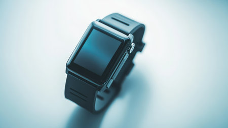 A modern fitness tracker on a smooth white surface, with ample background space for copy or logos.の素材