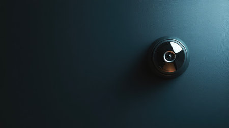 A smart security camera on a sleek, modern door frame, surrounded by empty space for text or promotional content.の素材