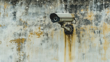 A high-tech security camera installed on a building's corner with plenty of open space around it for copy or branding.の素材
