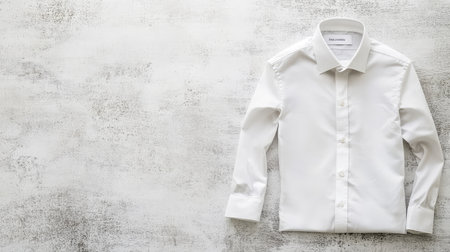 A crisp, freshly pressed business shirt placed on a neutral surface, surrounded by space for logos or promotional content.の素材