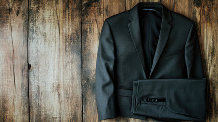 A neatly folded blazer and a pair of dress pants placed on a wooden surface with space around it for copy or branding.の素材