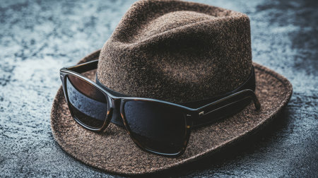 A stylish fedora hat and sunglasses placed on a flat surface with ample room for copy or promotional logos.の素材