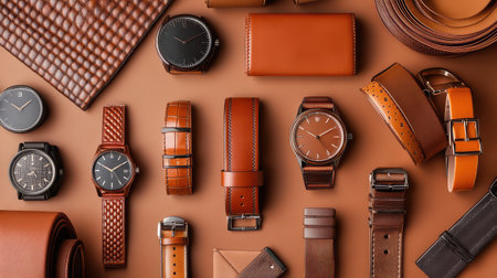 A set of luxurious accessories like watches, belts, and ties arranged on a flat surface, offering room for branding.の素材