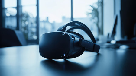 A futuristic VR headset on a dark table, surrounded by soft lighting, leaving space for branding or promotional copy.の素材