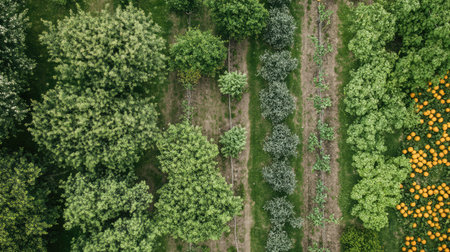 Organic orchard with mixed fruit trees and cover crops between rows, permaculture-inspired with copy spaceの素材