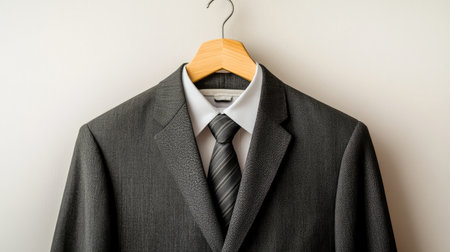A stylish suit jacket placed on a hanger against a light-colored background, leaving room for logos or promotional material.の素材