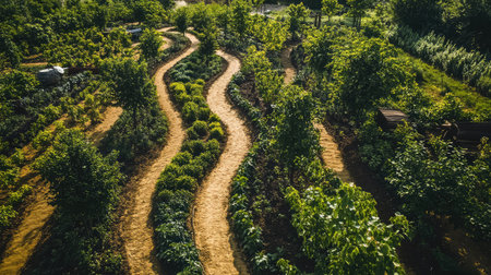 Swale path winding through orchard trees in a permaculture system, water retention and green regeneration with copy spaceの素材