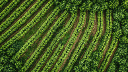 A top-down view of a drone flying over rows of crops, capturing images for yield prediction and disease detection, plenty of room for copyの素材