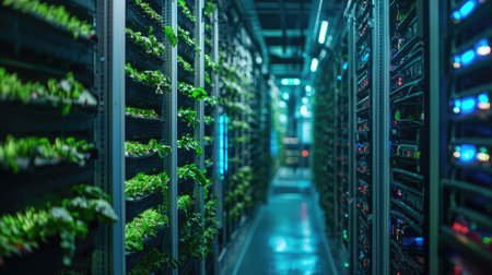 LED-lit indoor vertical farm with leafy greens stacked in racks, futuristic farming technology and blank wall copy spaceの素材