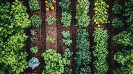 Organic orchard with mixed fruit trees and cover crops between rows, permaculture-inspired with copy spaceの素材