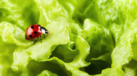 Close-up of ladybug on an organic lettuce leaf, natural pest control and biodiversity focus with copy spaceの素材