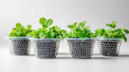 Soilless mint growing in reusable net pots, with trickle irrigation tubing and white background for copy spaceの素材
