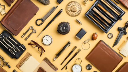 Flat lay workspace showing home and office accessories blended together with spacious blank backgroundの素材