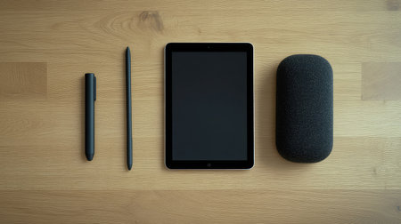 Wireless speaker, tablet, and stylus arranged neatly with minimal design on light wood table, top view, centered copy areaの素材