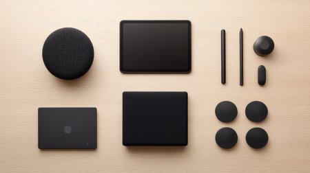 Wireless speaker, tablet, and stylus arranged neatly with minimal design on light wood table, top view, centered copy areaの素材